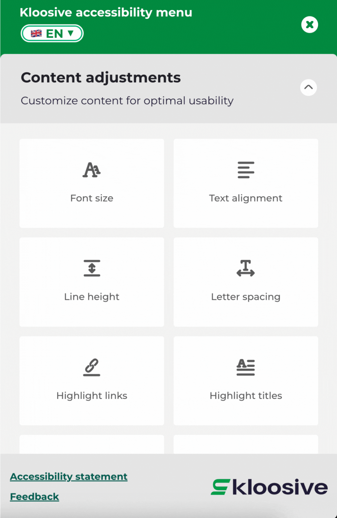 Accessibility widget GIF demonstrating the selection of customizable content adjustments.