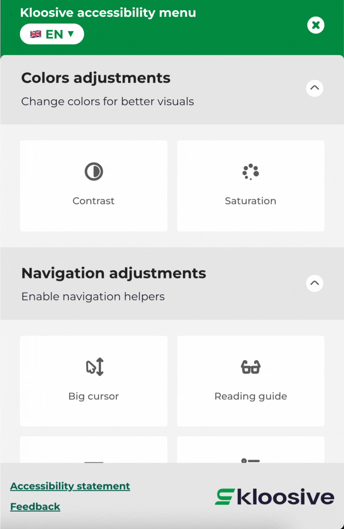 Accessibility widget GIF demonstrating the selection of customizable navigation adjustments.